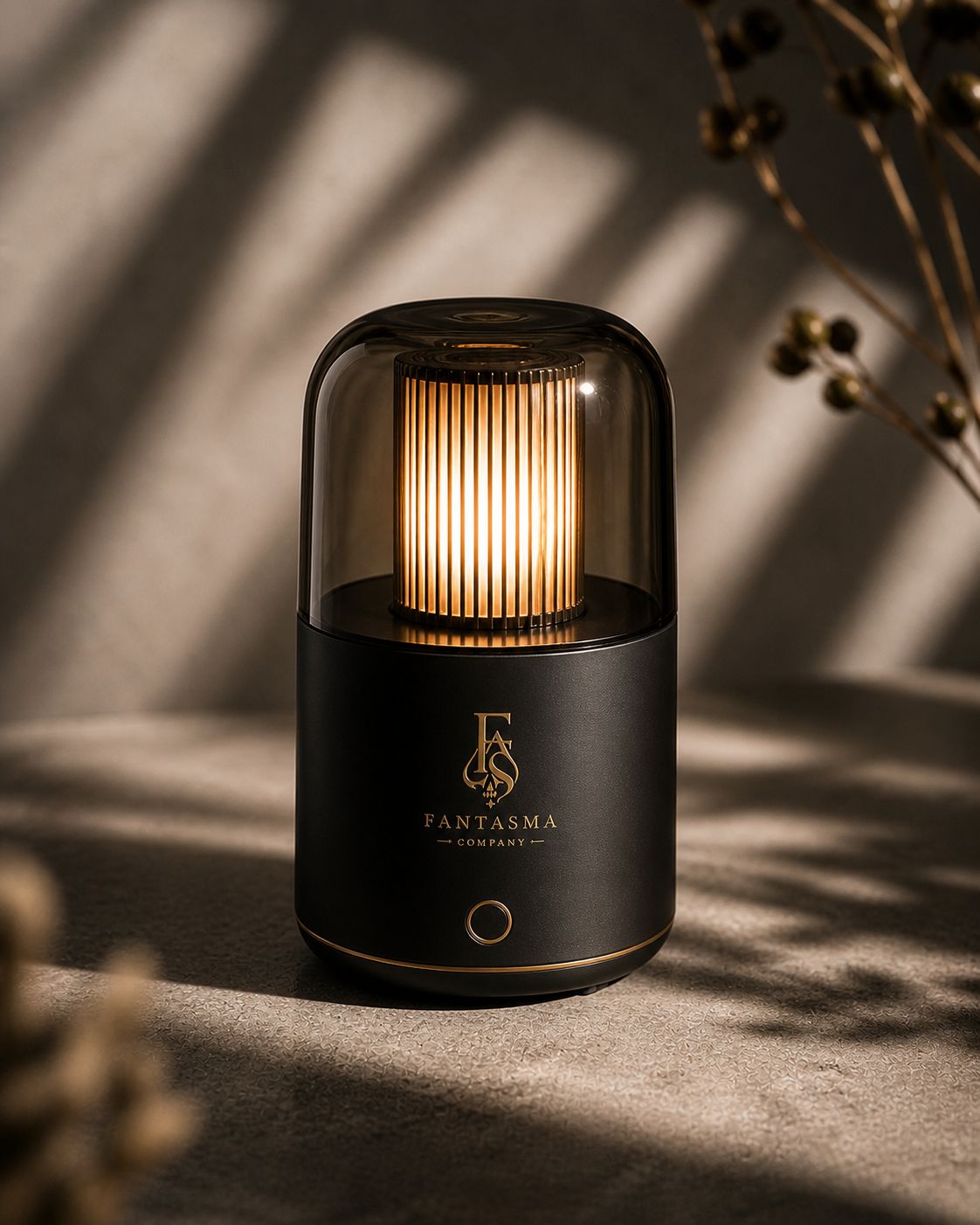 Fantasma illuminated aroma diffuser with smoked glass dome and amber light.